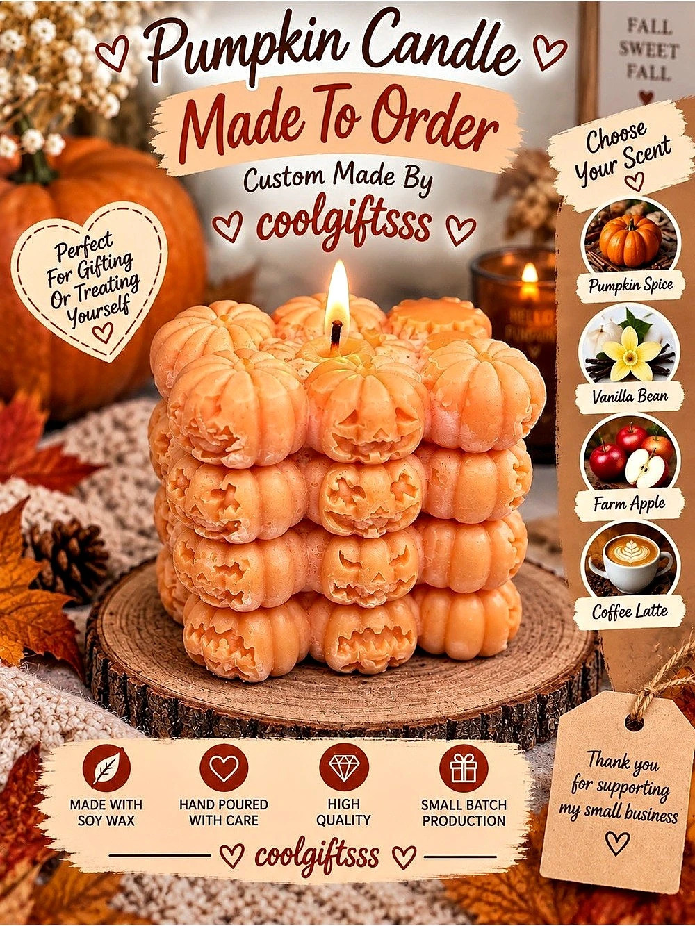 Pumpkin Candle | Handmade Soy Wax Fall Candle | Choose Your Scent | Gifts